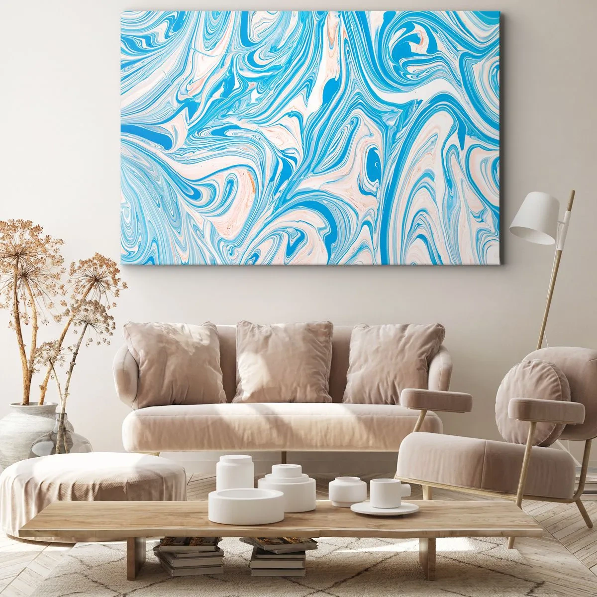 Obraz na płótnie - Abstrakcyjne niebieskie i białe wiry w stylu marmuru - 70x50cm - Rozlewisko w turkusie - Nowoczesna dekoracja ścienna do salonu i sypialni ARTTOR