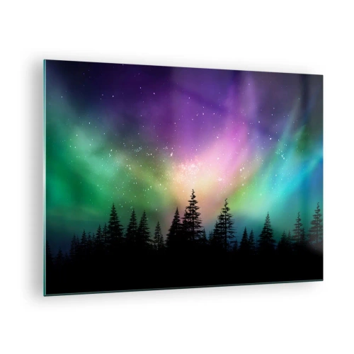 Obraz na szkle - Las nocą pod kolorową zorzą polarną - 70x50cm - Biała magia - Nowoczesna dekoracja ścienna do salonu i sypialni ARTTOR