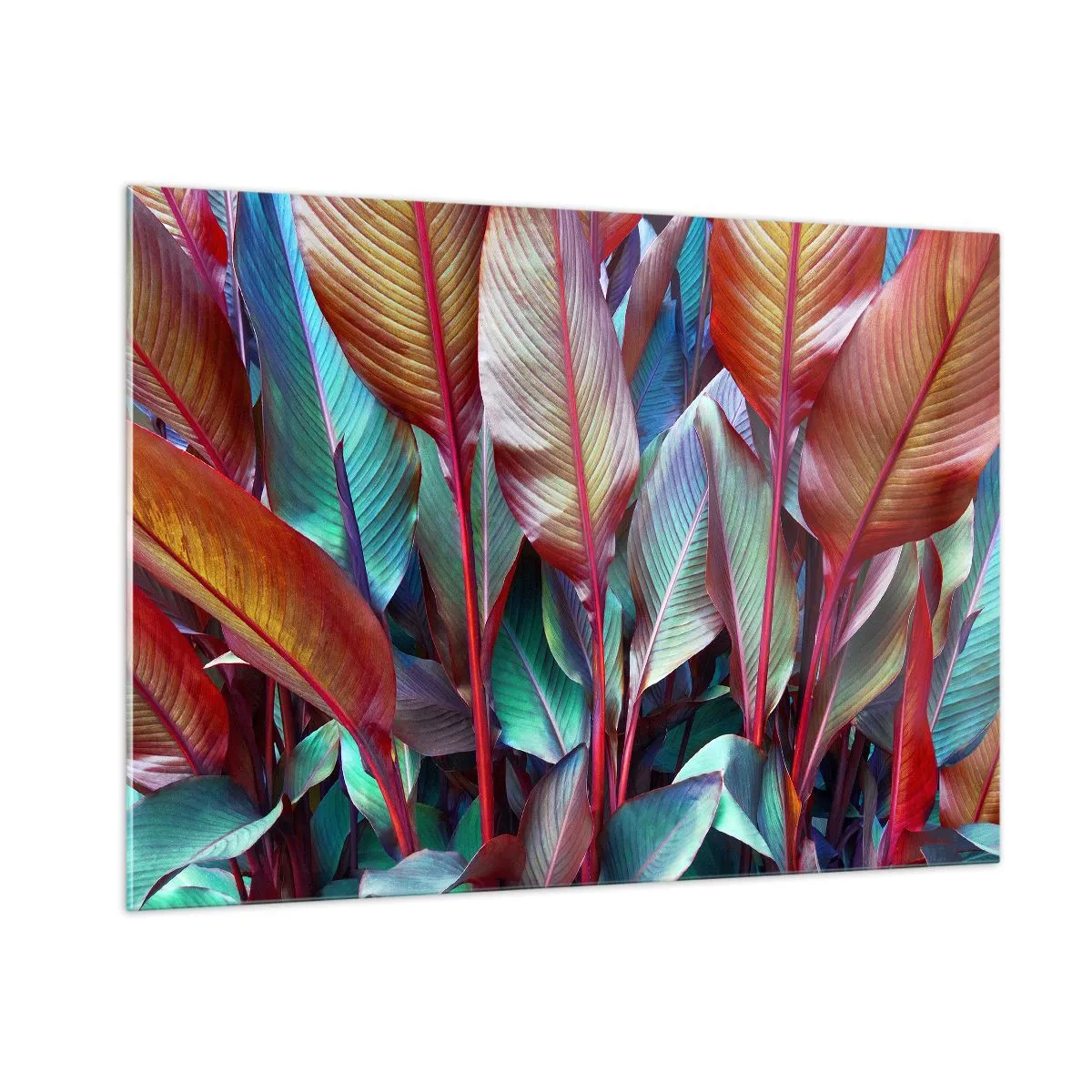 Obraz na szkle - Barwny gąszcz liści w odcieniach czerwieni, zieleni i fioletu - 100x70cm - Kolorowy gąszcz - Nowoczesna dekoracja ścienna do salonu, kuchni i sypialni ARTTOR