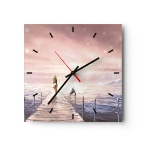 Zegar ścienny - Kobieta na pomoście w magicznej scenerii zachodu słońca - 30x30cm - W świetle marzenia - Nowoczesna dekoracja ścienna do salonu i sypialni ARTTOR