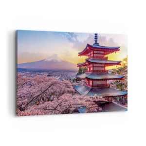 Obraz na płótnie - Pagoda w Japonii z kwitnącymi wiśniami i górą Fuji - 120x80cm - Esencja japońskiego ducha - Nowoczesna dekoracja ścienna do salonu, kuchni i sypialni ARTTOR
