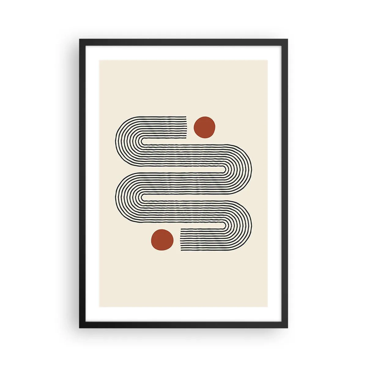 Plakat w czarnej ramie - Geometryczny wzór z liniami i czerwonymi okręgami - 50x70cm - Od początku do końca - Nowoczesna dekoracja ścienna do salonu i sypialni ARTTOR