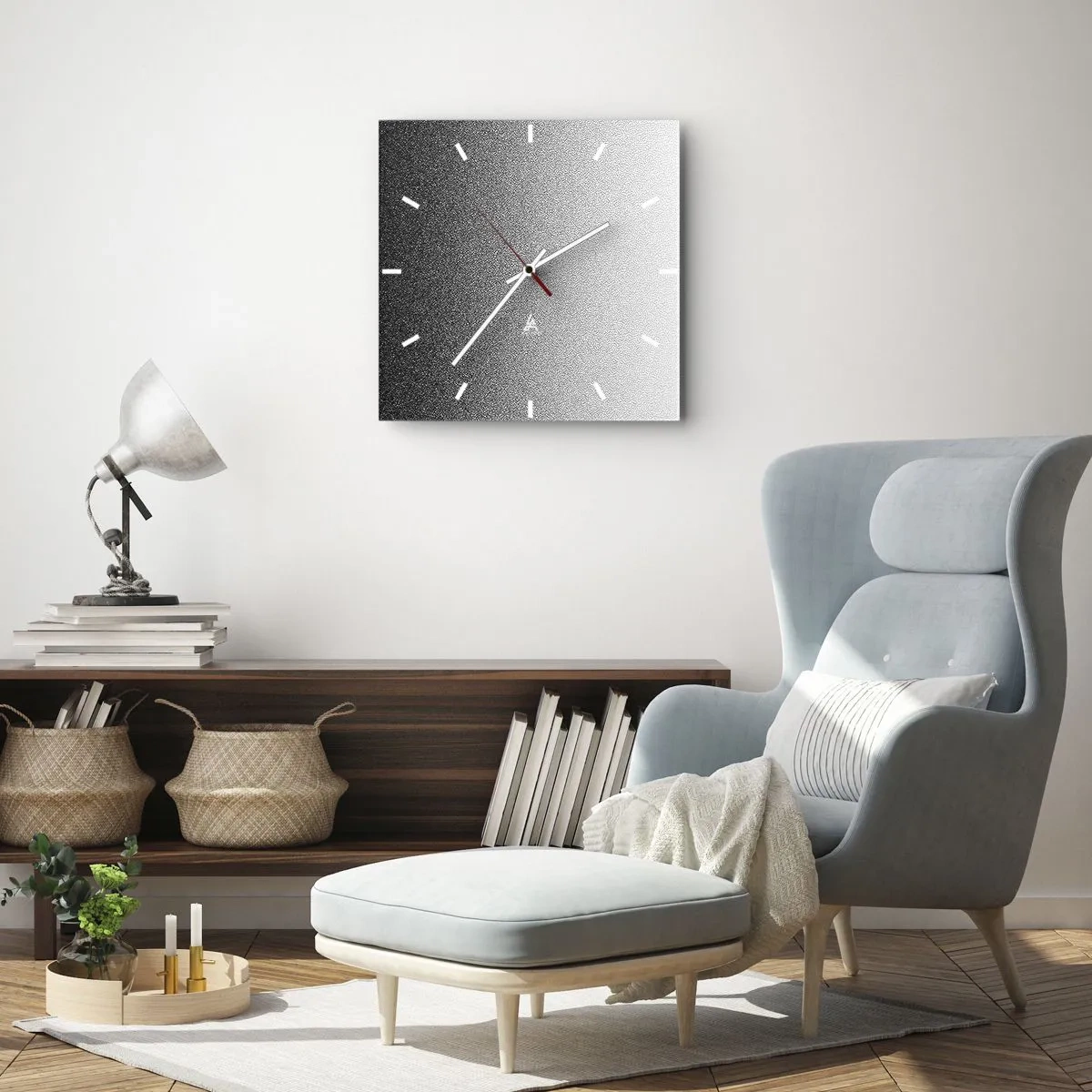 Zegar ścienny - Minimalistyczny gradient czerni i bieli w punkcie - 30x30cm - W stronę światła - Nowoczesna dekoracja ścienna do salonu i sypialni ARTTOR