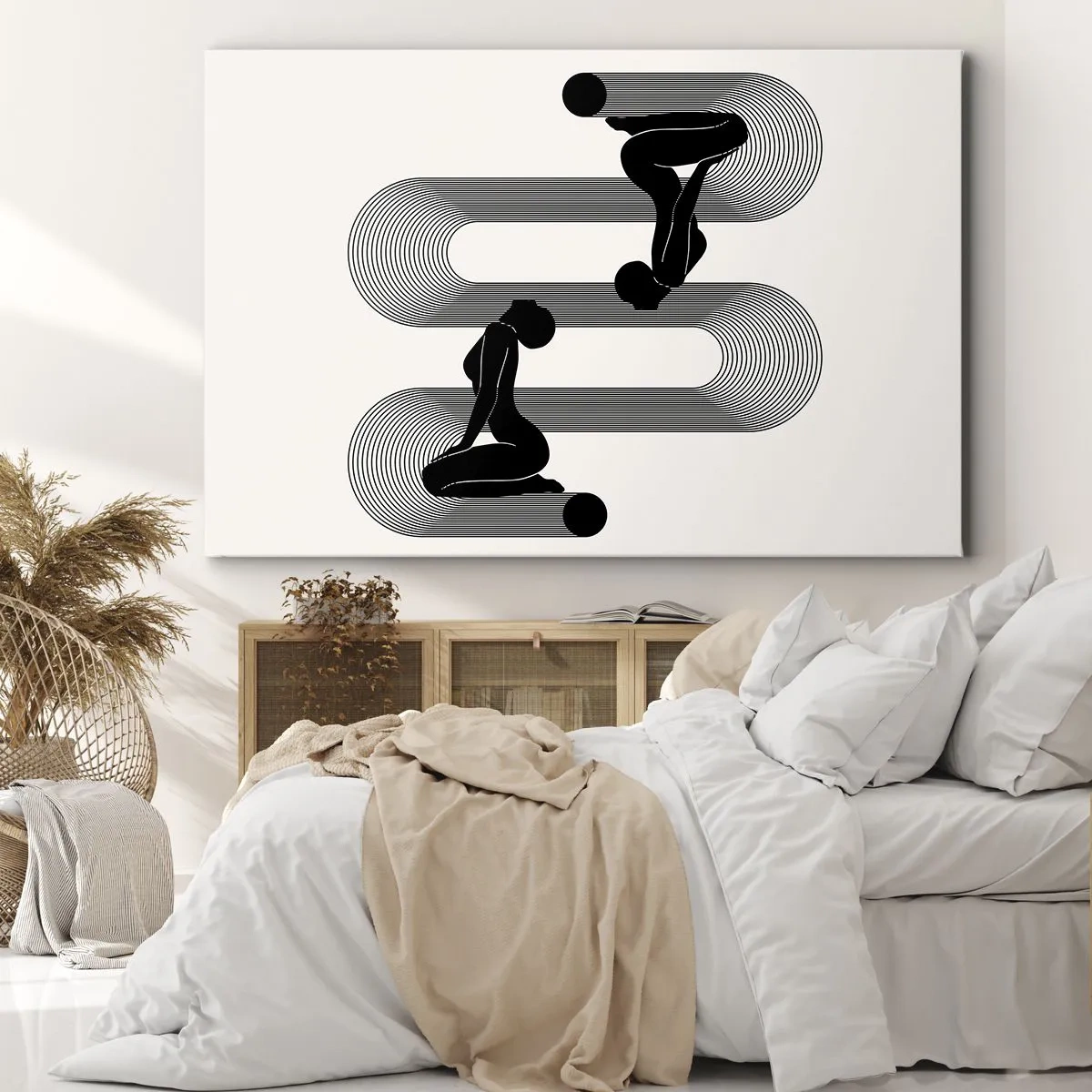 Obraz na płótnie - Czarne sylwetki z geometrycznymi liniami na jasnym tle - 70x50cm - Zmysłowa symetria - Nowoczesna dekoracja ścienna do salonu i sypialni ARTTOR