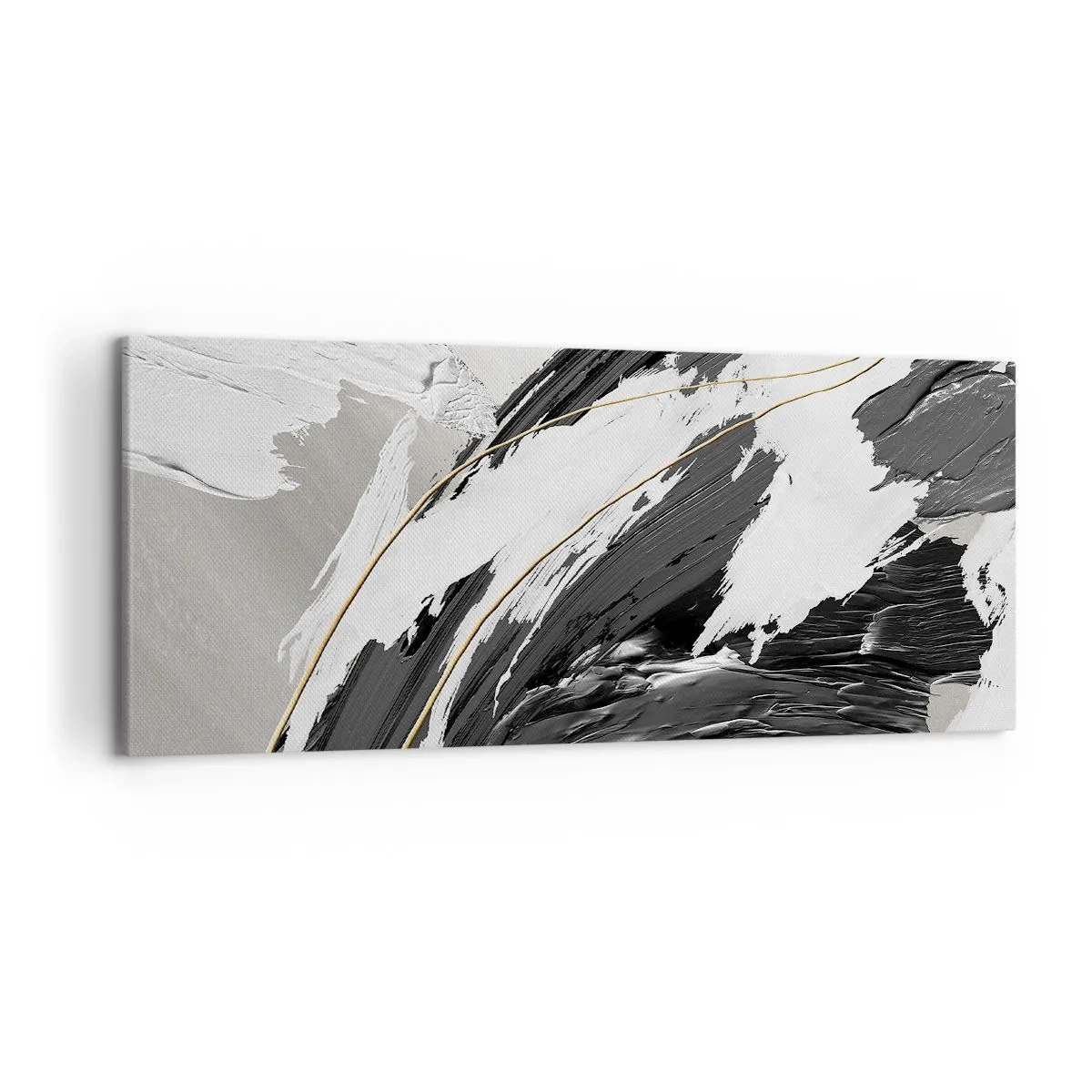 Obraz na płótnie - Czarno-białe pociągnięcia farby z delikatnym złotym akcentem - 120x50cm - Abstrakcja z rozmachem - Nowoczesna dekoracja ścienna do salonu i sypialni ARTTOR