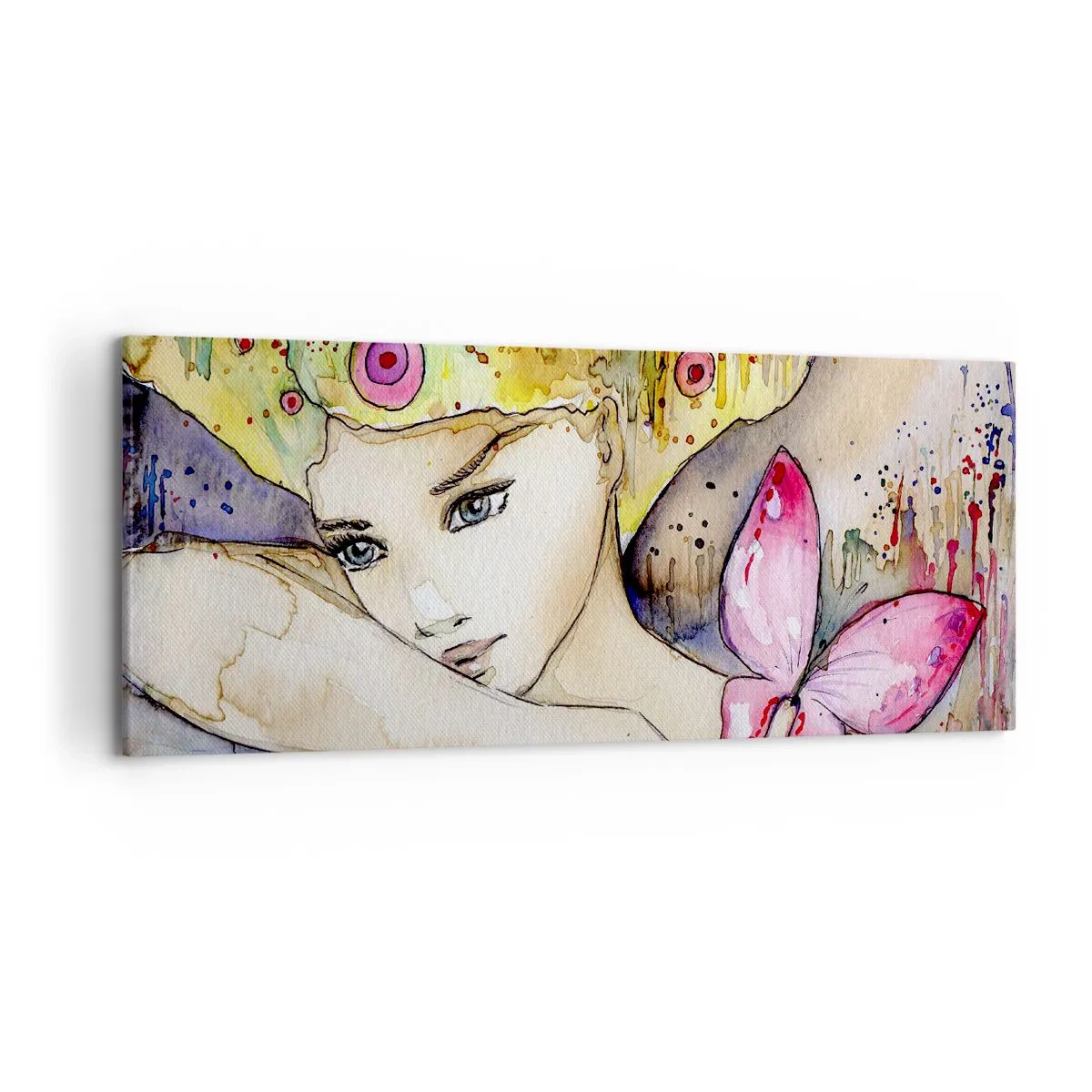 Obraz na płótnie - Kobieta z abstrakcyjną fryzurą i różowym motylem - 120x50cm - Motyla księżniczka - Nowoczesna dekoracja ścienna do salonu i sypialni ARTTOR