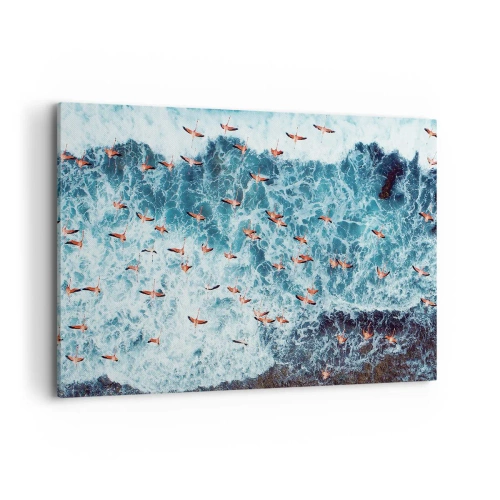 Obraz na płótnie - Różowe flamingi nad błękitnym oceanem z lotu ptaka - 120x80cm - Nadmorska parada - Nowoczesna dekoracja ścienna do salonu, kuchni i sypialni ARTTOR