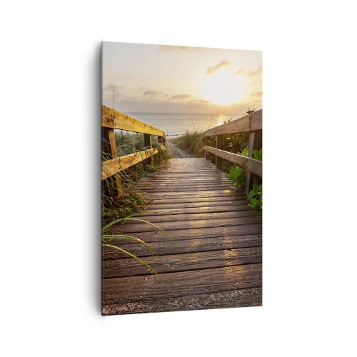 Obraz na płótnie - Drewniany pomost prowadzący na plażę o zachodzie słońca - 80x120cm - I wprost nad brzeg - Nowoczesna dekoracja ścienna do salonu i sypialni ARTTOR