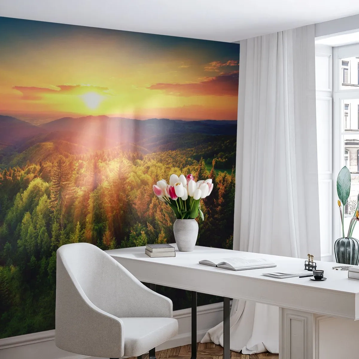 Fototapeta Premium Sand - Zachód słońca nad górskim lasem w ciepłych barwach - 100x70cm - Wierzchołki i szczyty - Nowoczesna dekoracja ścienna do salonu, kuchni i sypialni ARTTOR