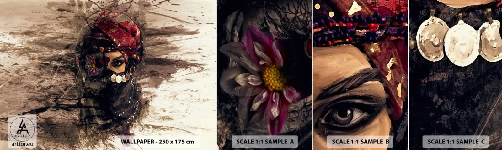 Fototapeta Próbka Samoprzylepna Deluxe Sticker - Co najmniej niepokojąca - Abstrakcja, Twarz Kobiety, Orientalne Symbole - 100x30 cm