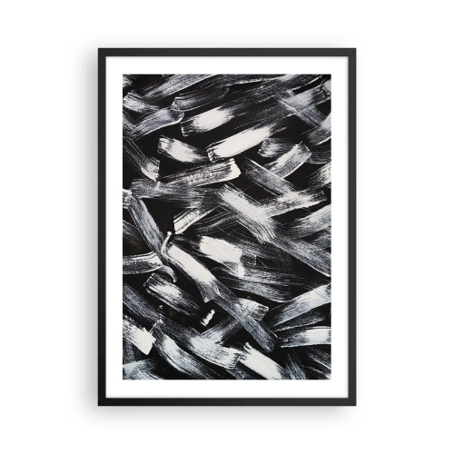 Plakat w czarnej ramie - Abstrakcyjne białe pociągnięcia pędzla na czarnym tle - 50x70cm - Abstrakcja w duchu industrialnym - Nowoczesna dekoracja ścienna do salonu i sypialni ARTTOR