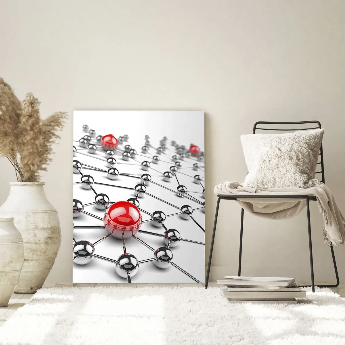 Obraz na szkle - Sieć metalicznych kulek z czerwonymi akcentami - 80x120cm - Srebrzysta sieć - Nowoczesna dekoracja ścienna do salonu i sypialni ARTTOR