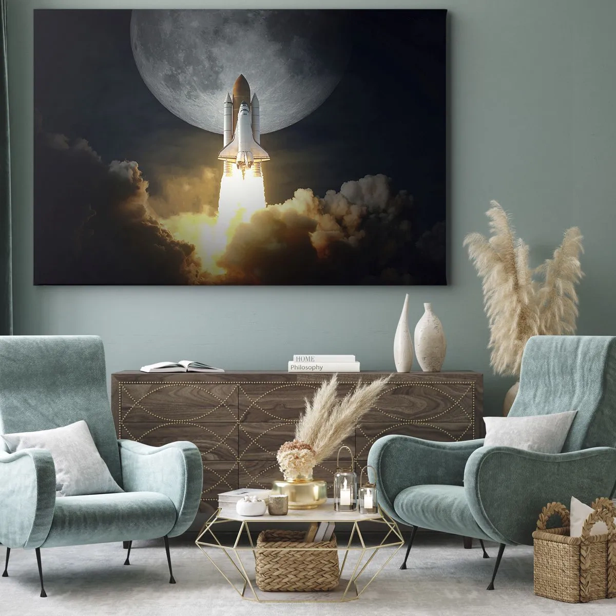 Obraz na płótnie - Rakieta startująca na tle pełni księżyca w otoczeniu dynamicznych chmur - 70x50cm - Początek nieziemskiej przygody - Nowoczesna dekoracja ścienna do salonu i sypialni ARTTOR