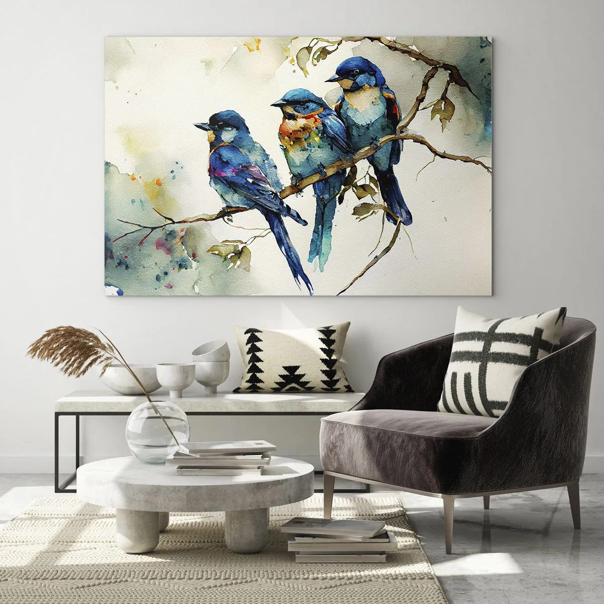 Obraz na szkle - Kolorowe ptaki siedzące na gałęzi w akwareli - 70x50cm - Obraził się? - Nowoczesna dekoracja ścienna do salonu i sypialni ARTTOR