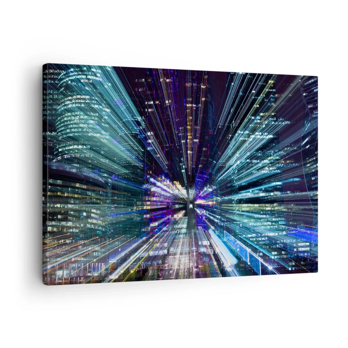Obraz na płótnie - Dynamiczny widok miasta nocą z efektem świetlnym - 70x50cm - Przejście w nadprzestrzeń - Nowoczesna dekoracja ścienna do salonu i sypialni ARTTOR