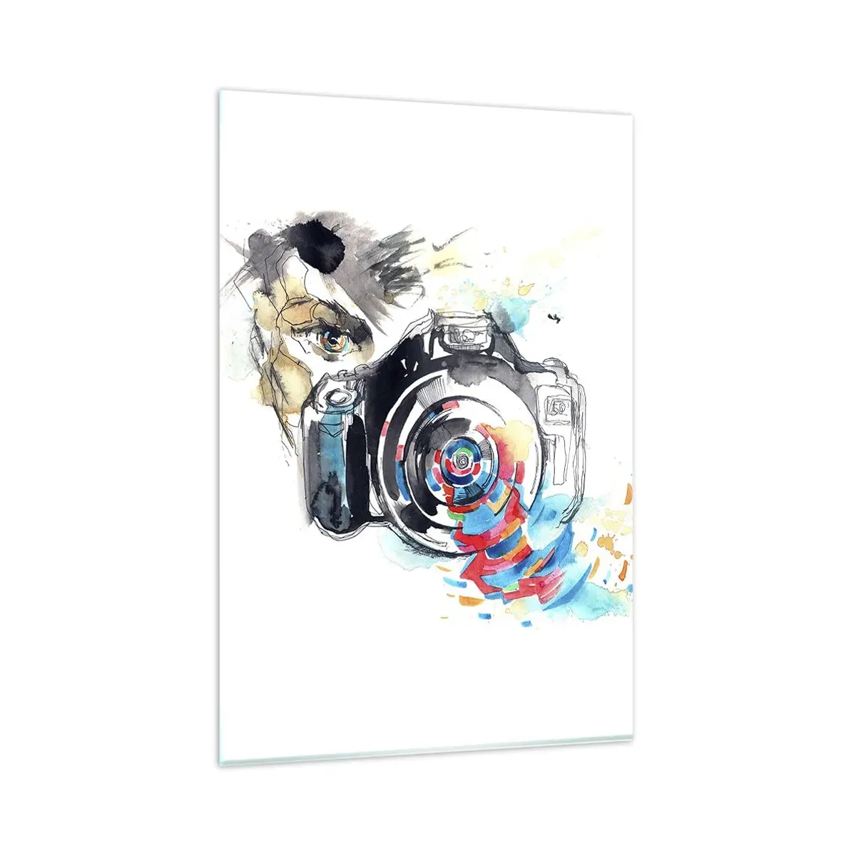 Obraz na szkle - Akwarela aparatu fotograficznego z kolorowymi detalami - 80x120cm - W oku obiektywu - Nowoczesna dekoracja ścienna do salonu i sypialni ARTTOR