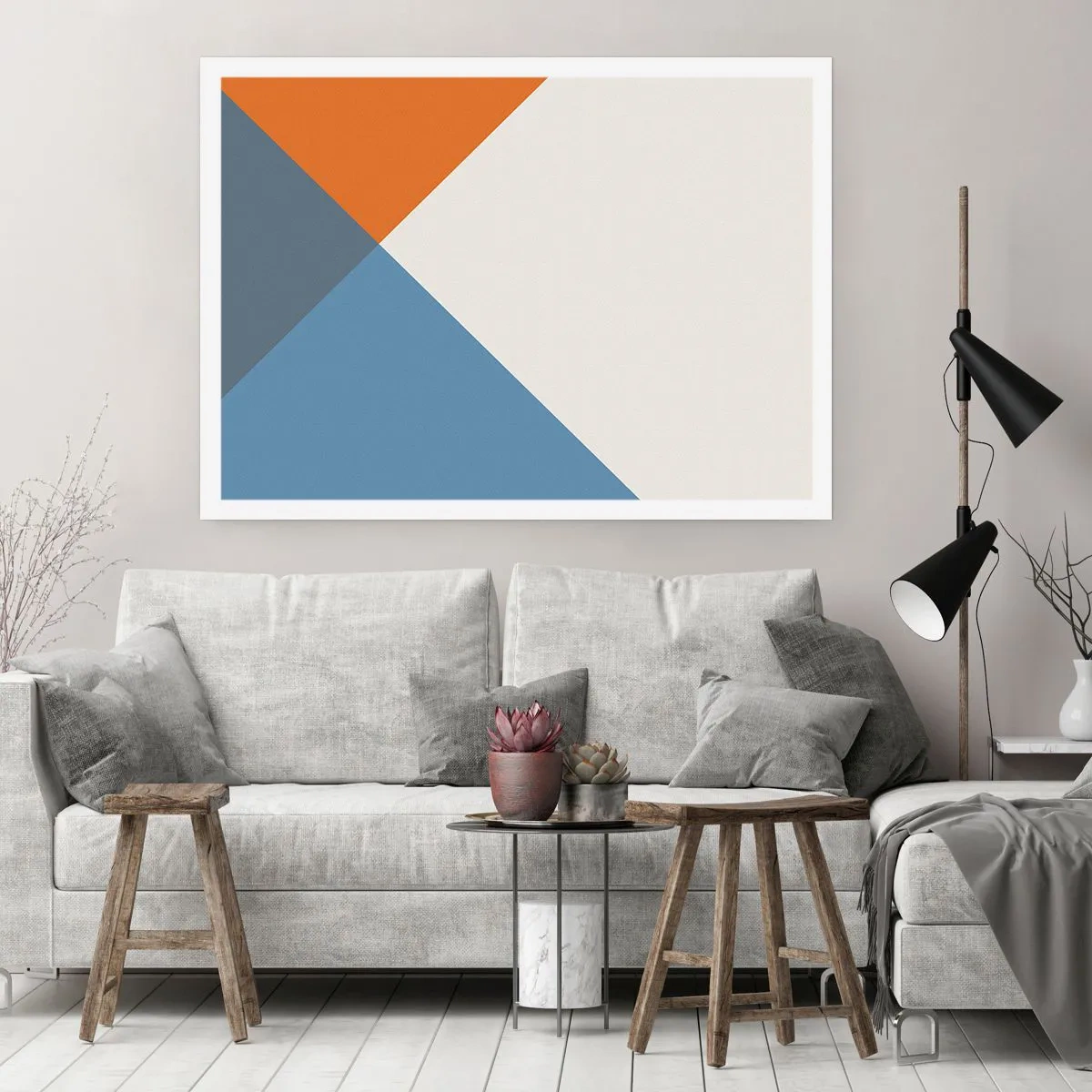 Plakat - Geometryczne trójkąty w odcieniach błękitu i pomarańczy - 100x70cm - Pod kątem… - Nowoczesna dekoracja ścienna do salonu i sypialni ARTTOR