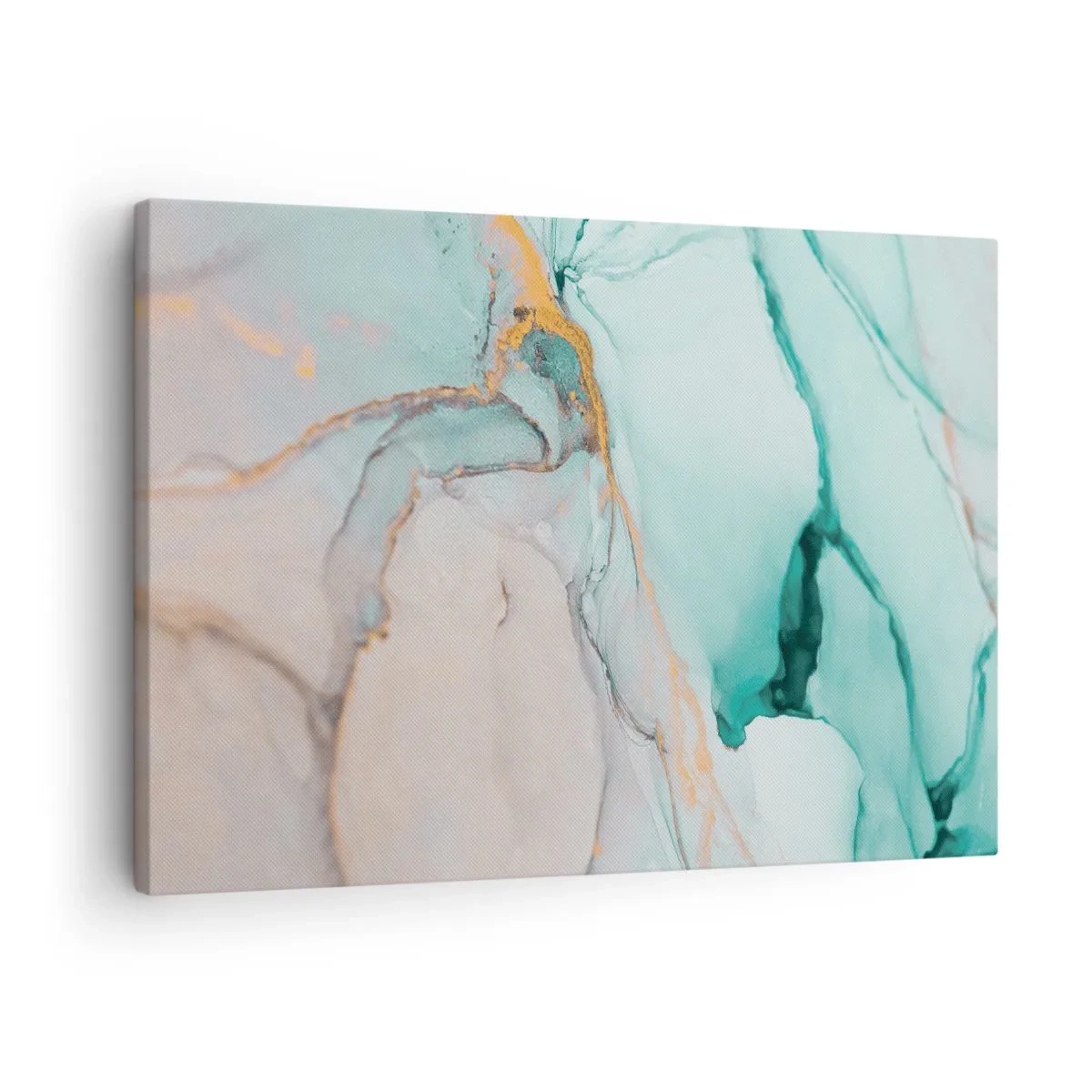 Obraz na płótnie - Abstrakcyjna kompozycja w odcieniach turkusu i złota - 70x50cm - Taniec kształtów i barw - Nowoczesna dekoracja ścienna do salonu i sypialni ARTTOR