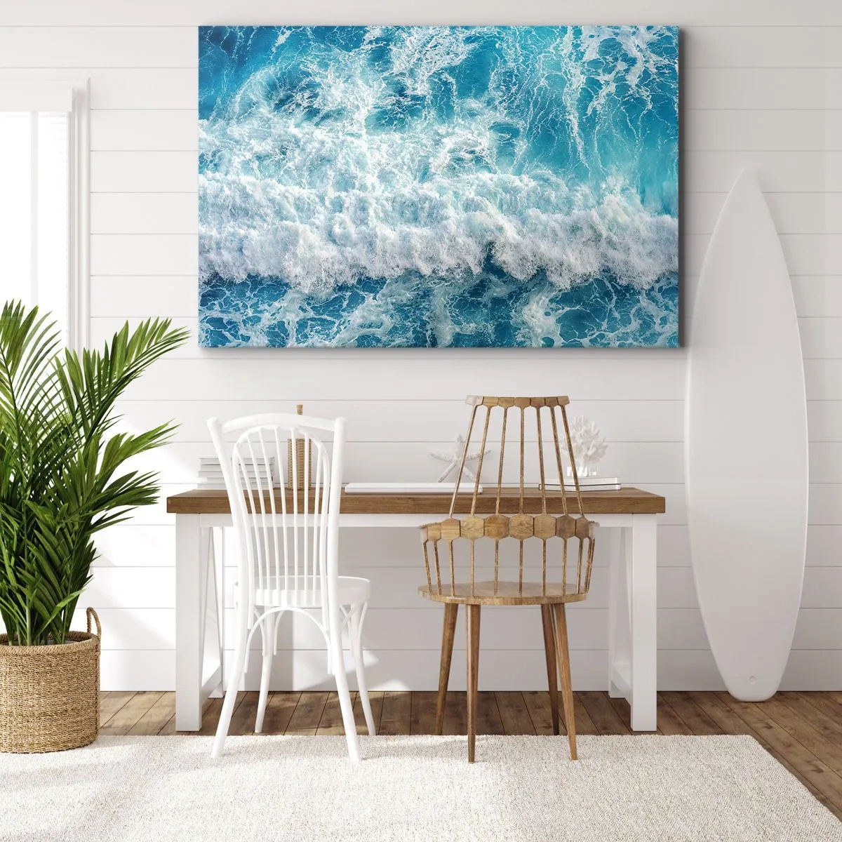 Obraz na płótnie - Dynamiczne fale oceanu w odcieniach błękitu - 120x80cm - Radośnie i w podskokach - Nowoczesna dekoracja ścienna do salonu, kuchni i sypialni ARTTOR