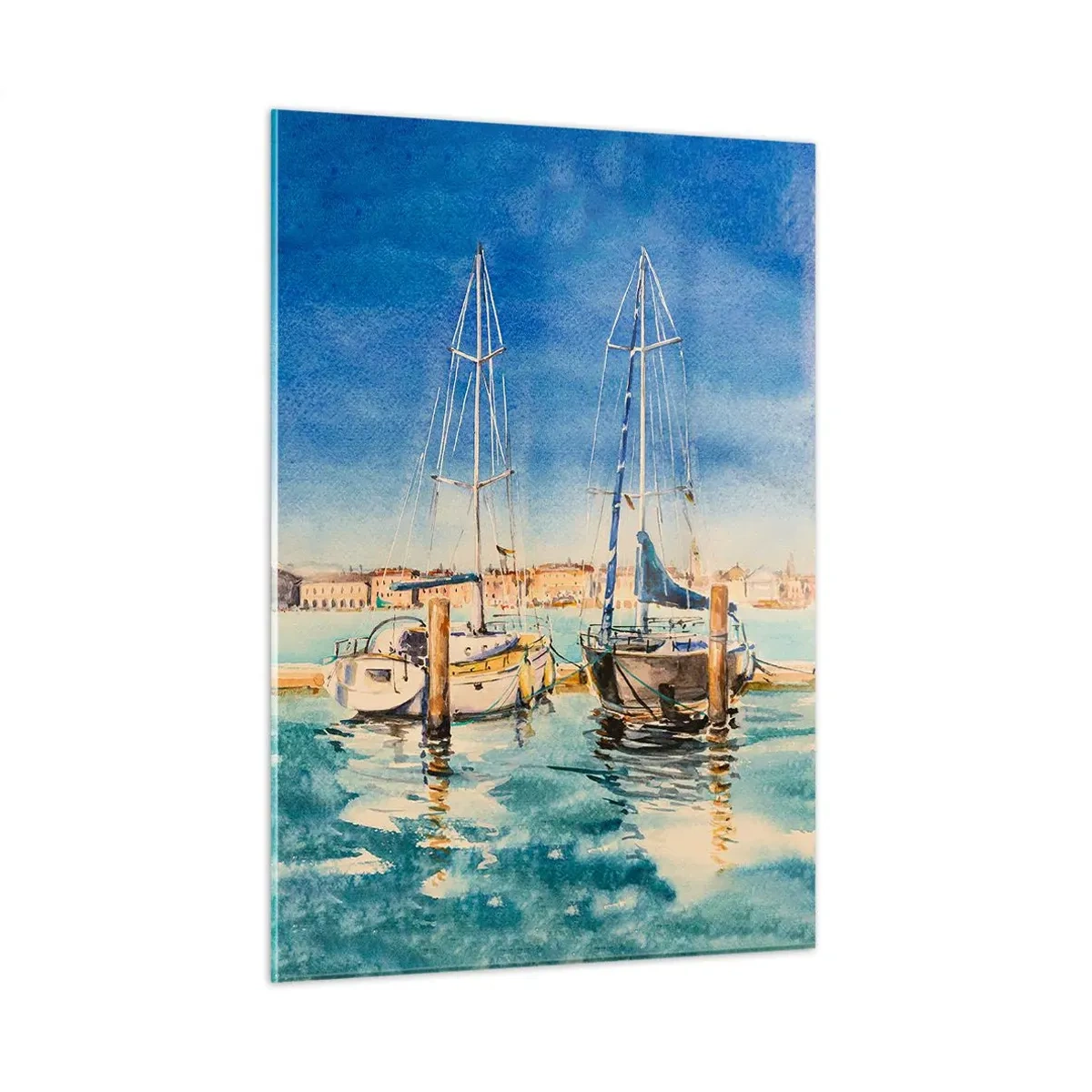 Obraz na szkle - Akwarelowa marina z latarnią i zacumowanymi jachtami - 50x70cm - Słoneczna laguna - Nowoczesna dekoracja ścienna do salonu, kuchni i sypialni ARTTOR