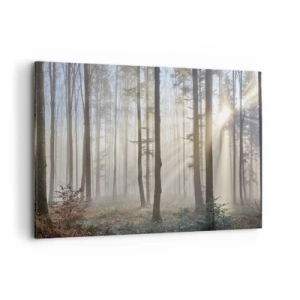 Obraz na płótnie - Las w delikatnej mgle z promieniami słońca przebijającymi się przez drzewa - 120x80cm - Mgła też się zbudziła - Nowoczesna dekoracja ścienna do salonu, kuchni i sypialni ARTTOR
