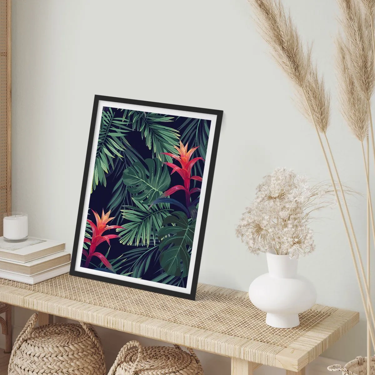 Plakat w czarnej ramie - Tropikalne liście i kwiaty na ciemnym tle - 50x70cm - Zapłonąć w zieleni - Nowoczesna dekoracja ścienna do salonu i sypialni ARTTOR