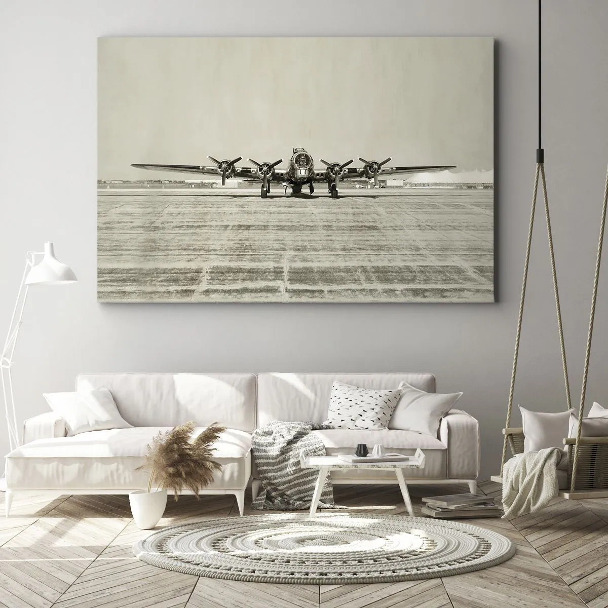 Obraz na płótnie - Historyczny samolot na lotnisku w sepii - 70x50cm - Jak zawsze gotowy - Nowoczesna dekoracja ścienna do salonu i sypialni ARTTOR