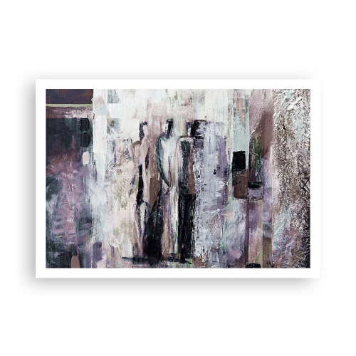 Plakat - Abstrakcyjna kompozycja z trzema postaciami w pastelowych barwach - 100x70cm - Tajemnicza trójka - Nowoczesna dekoracja ścienna do salonu i sypialni ARTTOR