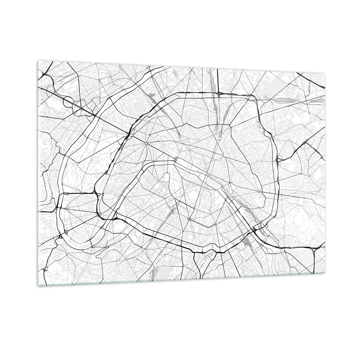 Obraz na szkle - Czarno-biała mapa miasta z siatką ulic i okrężnymi arteriami - 120x80cm - Kwiat Paryża - Nowoczesna dekoracja ścienna do salonu, kuchni i sypialni ARTTOR