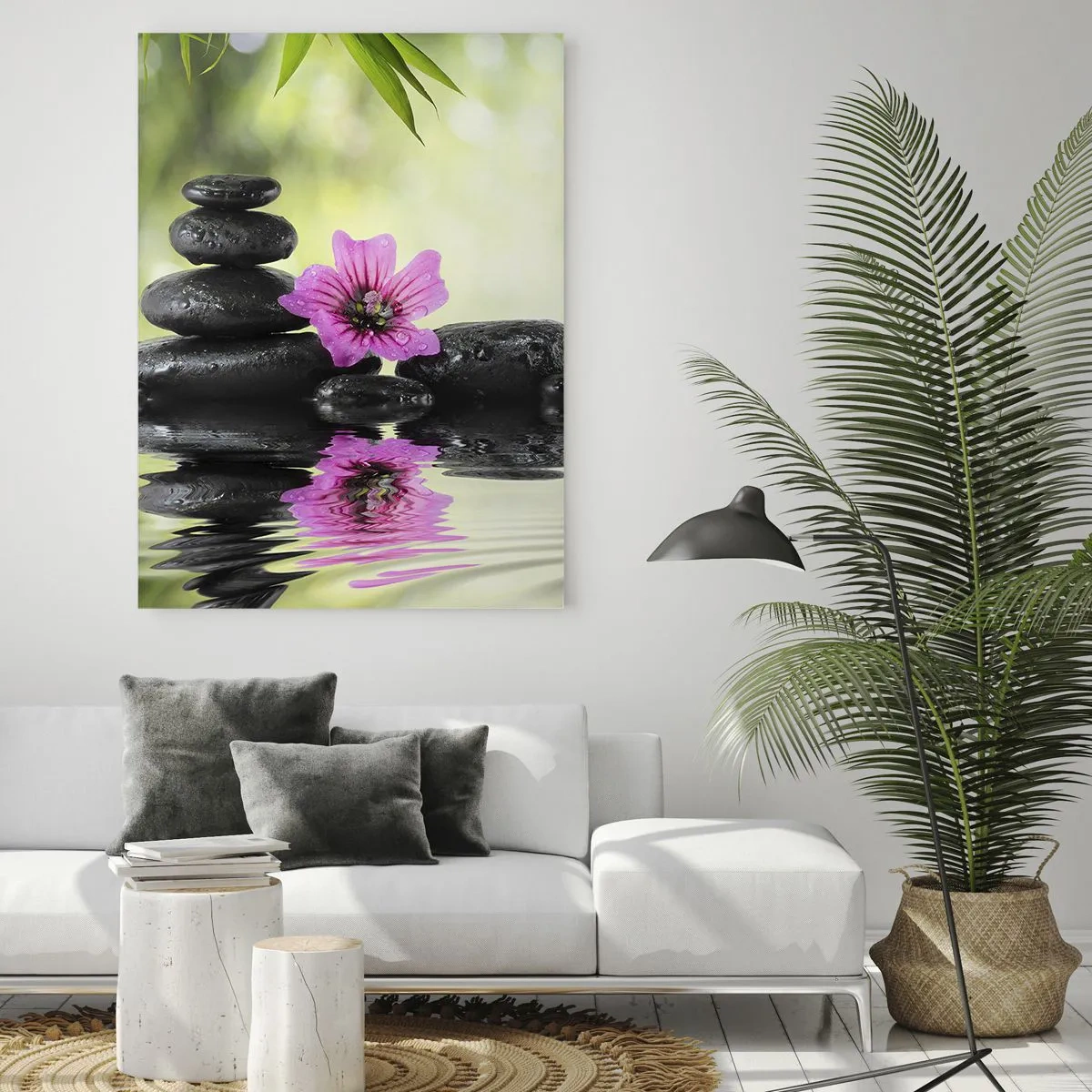 Obraz na szkle - Czarne kamienie i różowy kwiat na tle natury - 50x70cm - Czas dla duszy - Nowoczesna dekoracja ścienna do salonu, kuchni i sypialni ARTTOR