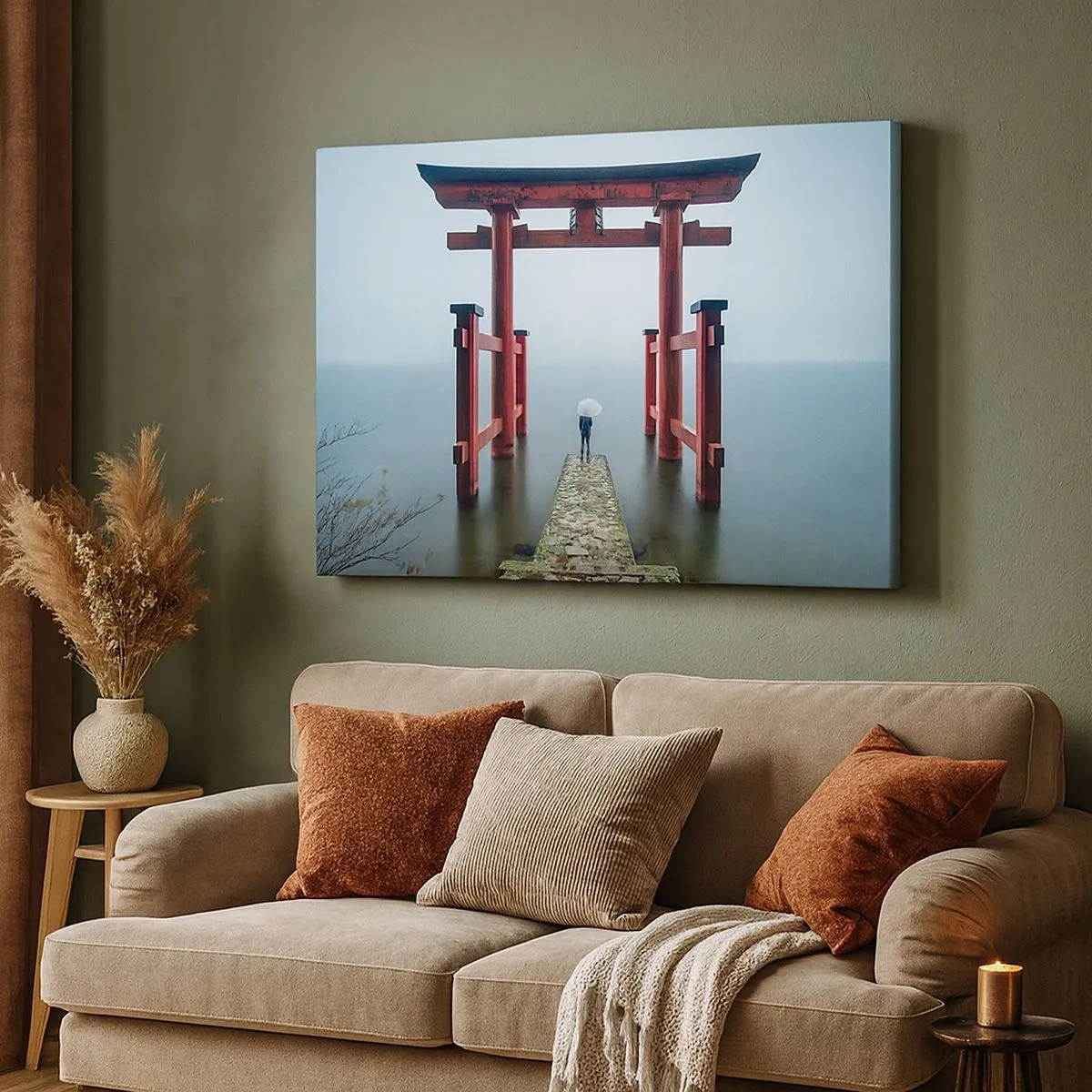 Obraz na płótnie - Brama torii nad spokojnym jeziorem w Japonii - 70x50cm - Japońska zaduma - Nowoczesna dekoracja ścienna do salonu i sypialni ARTTOR