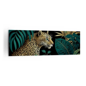 Obraz na płótnie - Leopard w tropikalnych liściach na czarnym tle - 160x50cm - Gospodarz w dżungli - Nowoczesna dekoracja ścienna do salonu i sypialni ARTTOR