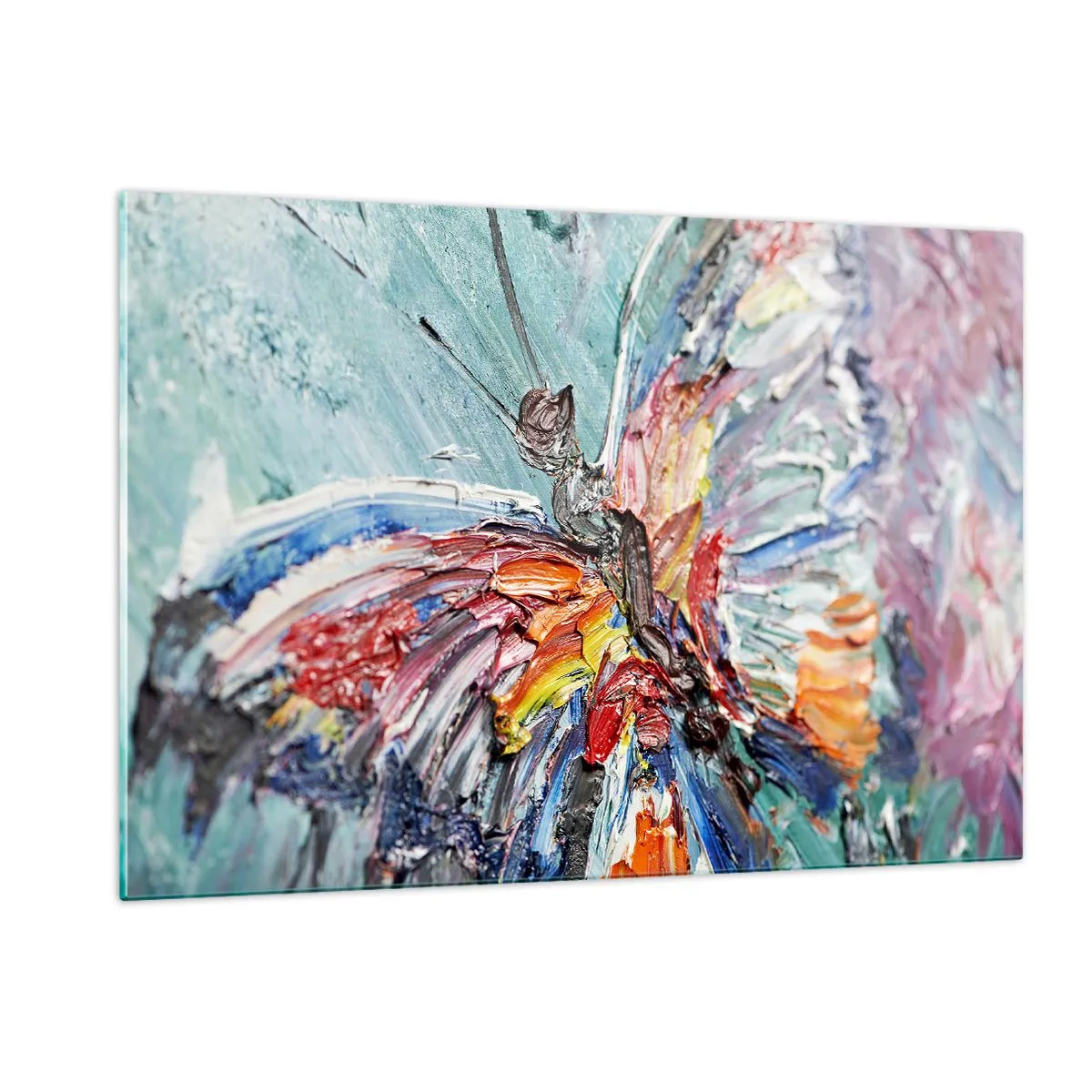 Obraz na szkle - Kolorowy motyl w abstrakcyjnym stylu na błękitnym tle - 120x80cm - Pomalowany przez naturę - Nowoczesna dekoracja ścienna do salonu, kuchni i sypialni ARTTOR