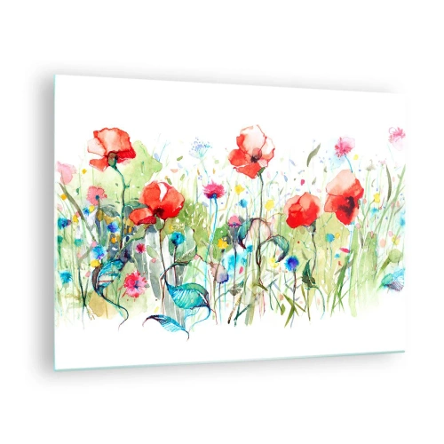Obraz na szkle - Kolorowe maki i dzikie kwiaty w stylu akwarelowym - 70x50cm - Kwitnąca majem łąka - Nowoczesna dekoracja ścienna do salonu i sypialni ARTTOR