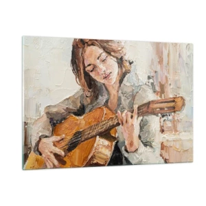 Obraz na szkle - Dziewczyna grająca na gitarze w impresjonistycznym stylu - 120x80cm - Koncert na gitarę i dziewczęce serce - Nowoczesna dekoracja ścienna do salonu, kuchni i sypialni ARTTOR