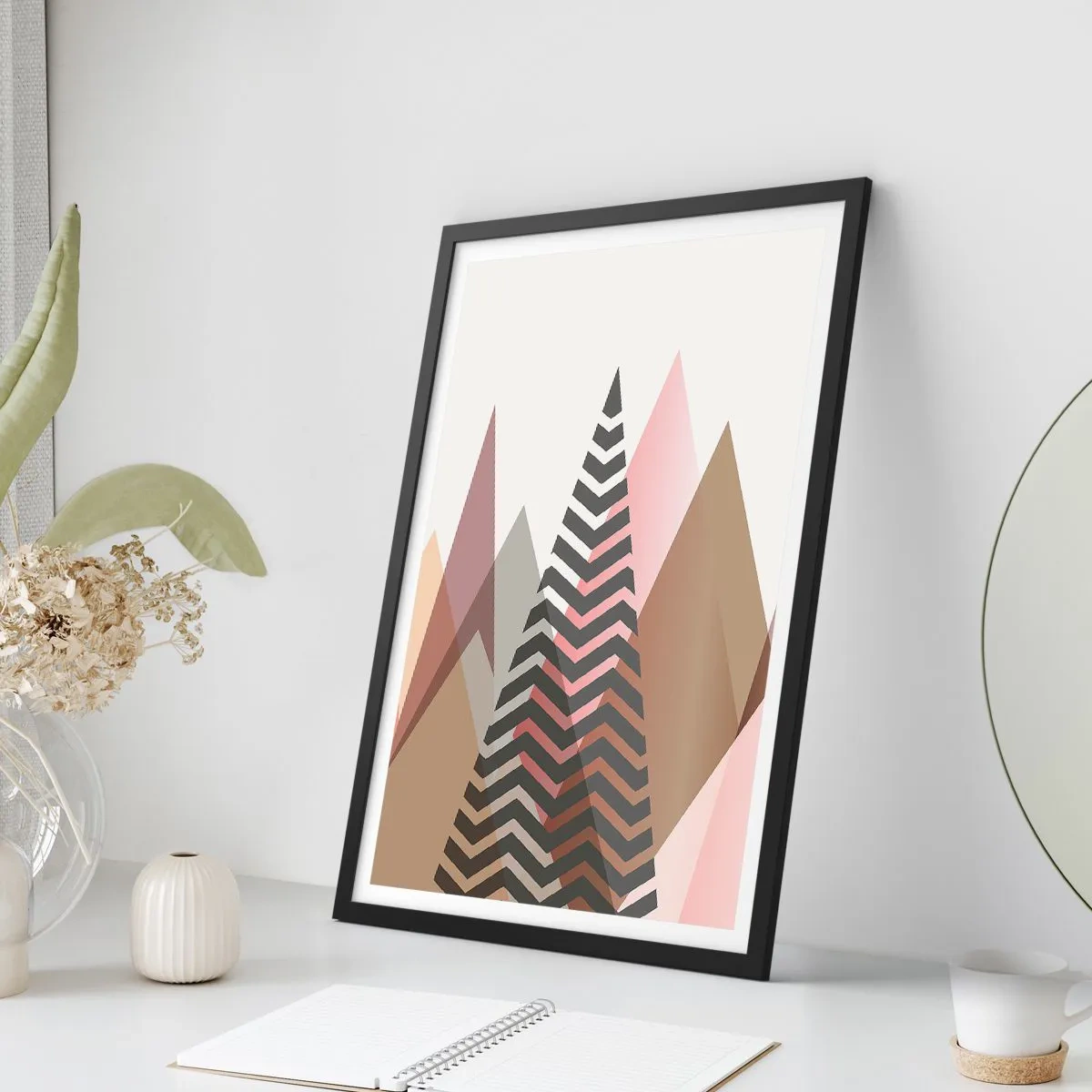 Plakat w czarnej ramie - Geometryczne góry w pastelowych odcieniach z efektem warstw - 50x70cm - Piramidalny widok - Nowoczesna dekoracja ścienna do salonu i sypialni ARTTOR