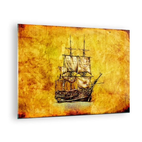 Obraz na szkle - Zabytkowy żaglowiec na tle stylizowanego pergaminu - 70x50cm - Kierunek Tortuga! - Nowoczesna dekoracja ścienna do salonu i sypialni ARTTOR