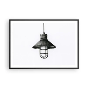 Plakat w czarnej ramie - Rysunek wiszącej lampy w stylu retro na białym tle - 100x70cm - Jak przed laty… - Nowoczesna dekoracja ścienna do salonu i sypialni ARTTOR