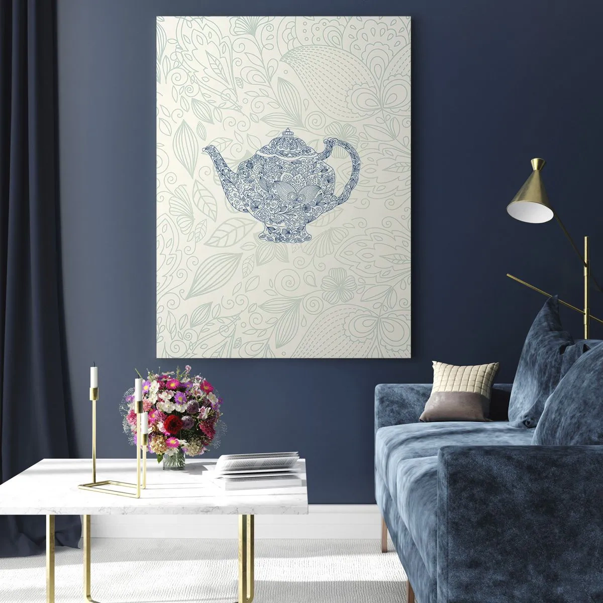 Obraz na szkle - Czajnik z kwiatowym ornamentem w stylu vintage - 50x70cm - Herbaty czar - Nowoczesna dekoracja ścienna do salonu, kuchni i sypialni ARTTOR