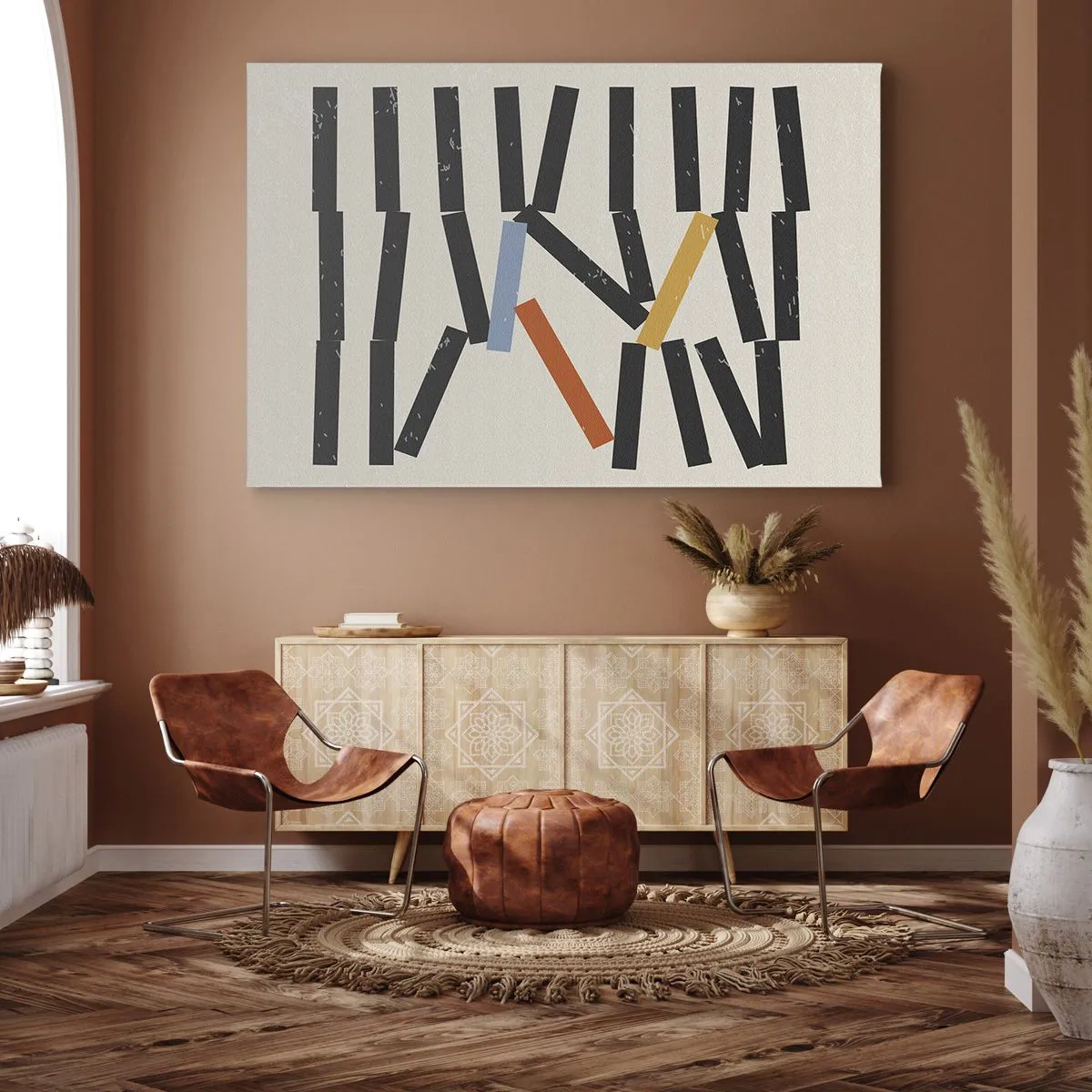 Obraz na płótnie - Abstrakcyjna kompozycja z kolorowymi i czarnymi prostokątami - 70x50cm - Domino – kompozycja - Nowoczesna dekoracja ścienna do salonu i sypialni ARTTOR