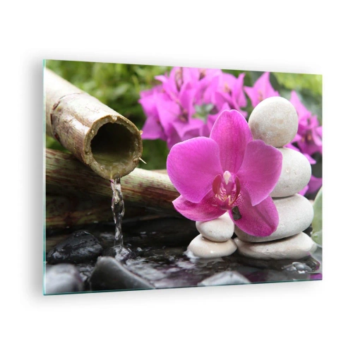 Obraz na szkle - Fioletowa orchidea, kamienie i bambusowy wodospad - 70x50cm - Już odpoczywasz - Nowoczesna dekoracja ścienna do salonu i sypialni ARTTOR