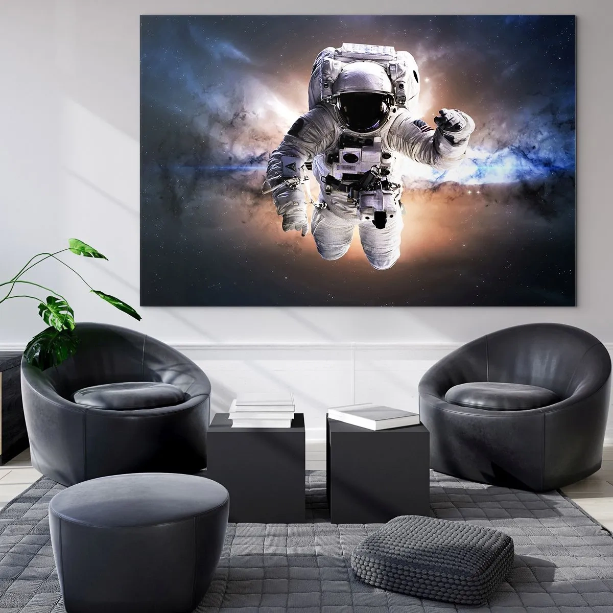 Obraz na szkle - Astronauta w przestrzeni kosmicznej na tle galaktyki - 120x80cm - Pozdrowienia z kosmosu - Nowoczesna dekoracja ścienna do salonu, kuchni i sypialni ARTTOR