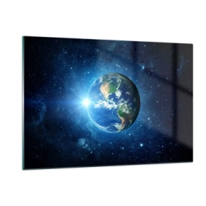 Obraz na szkle - Ziemia widziana z kosmosu z promieniami światła - 120x80cm - Jesteśmy w niebie - Nowoczesna dekoracja ścienna do salonu, kuchni i sypialni ARTTOR
