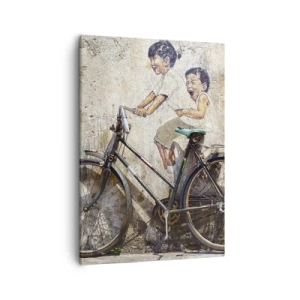 Obraz na płótnie - Mural dzieci na rowerze - 50x70cm - Prawda czy fałsz? - Nowoczesna dekoracja ścienna do salonu, kuchni i sypialni ARTTOR