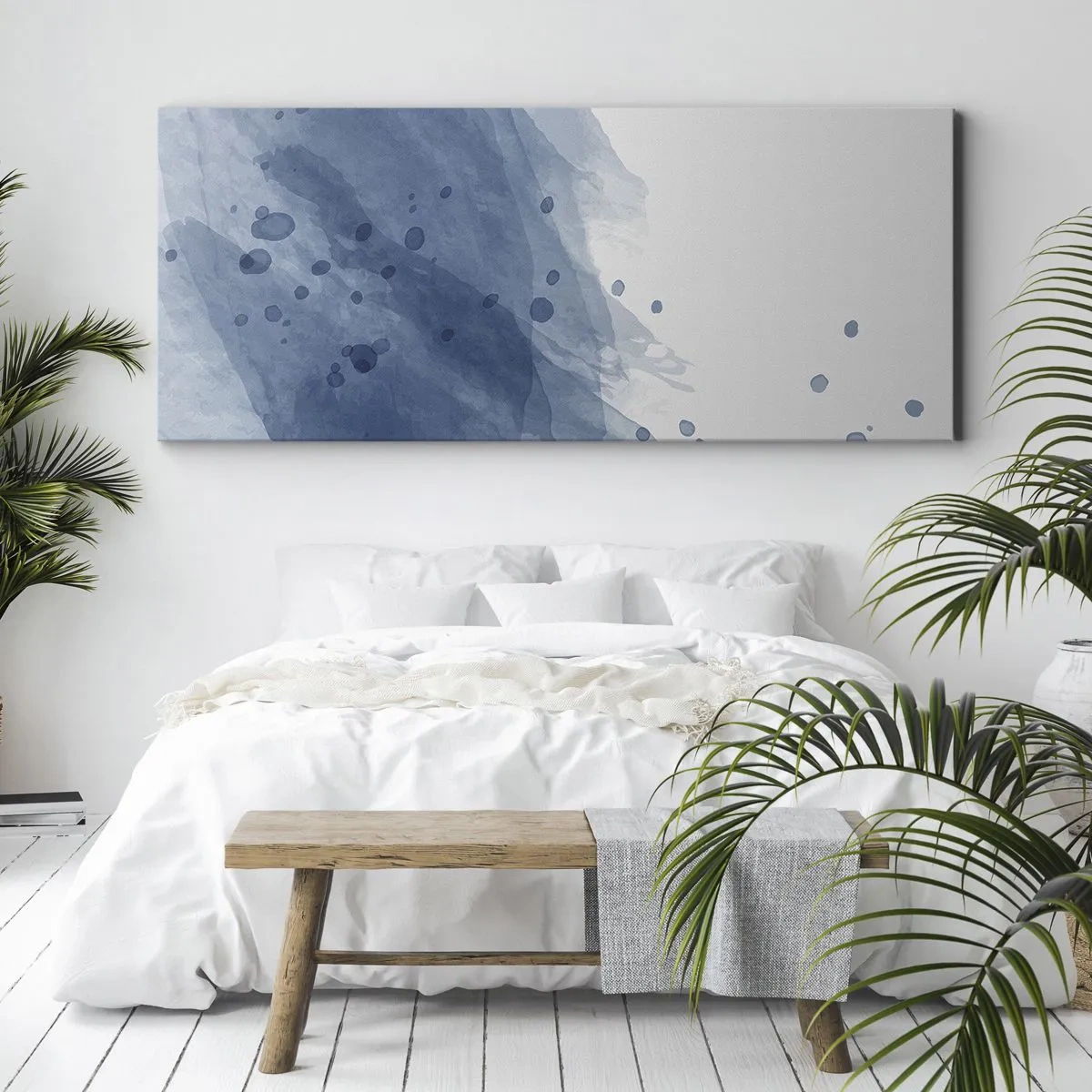 Obraz na płótnie - Abstrakcyjne plamy i smugi w odcieniach niebieskiego - 160x50cm - Niebieski tiul - Nowoczesna dekoracja ścienna do salonu i sypialni ARTTOR