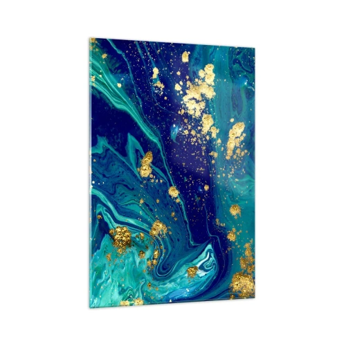 Obraz na szkle - Abstrakcyjna kompozycja z błękitem, zielenią i złotymi akcentami - 70x100cm - Płatki słońca  - Nowoczesna dekoracja ścienna do salonu i sypialni ARTTOR