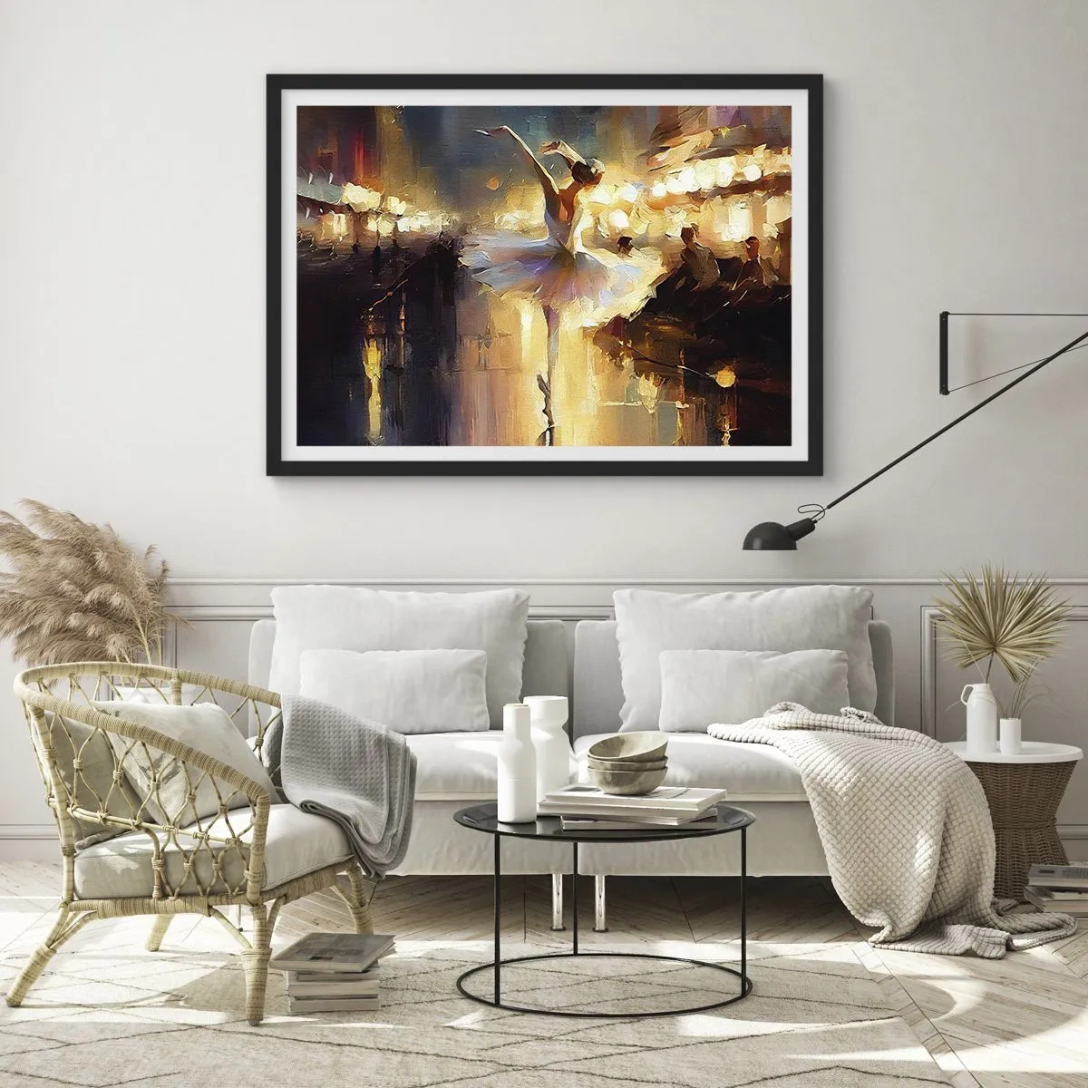 Plakat w czarnej ramie - Balerina tańcząca na tle oświetlonej sceny - 70x50cm - Cud na ulicy - Nowoczesna dekoracja ścienna do salonu i sypialni ARTTOR