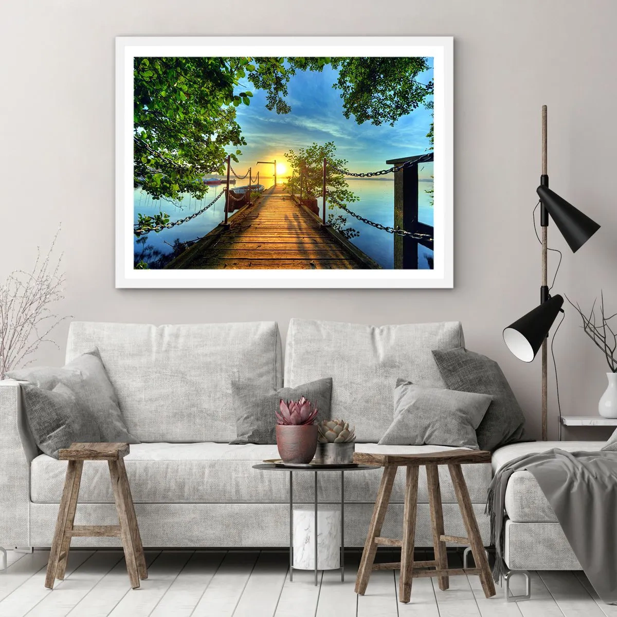 Plakat w białej ramie - Zachód nad wodą - 40x30 cm
