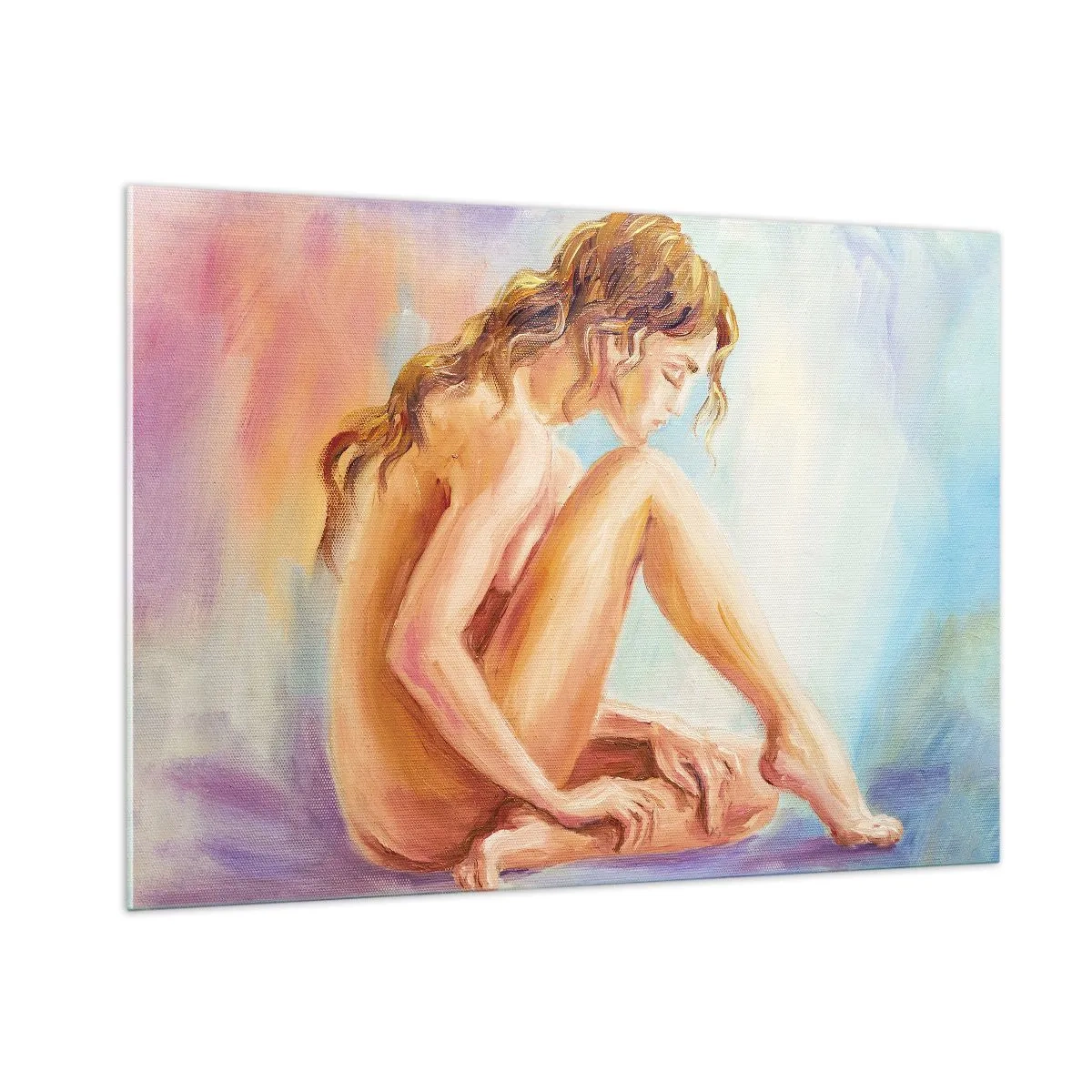 Obraz na szkle - Kobieta w subtelnej refleksji na tle pastelowych barw - 100x70cm - Akt młodości - Nowoczesna dekoracja ścienna do salonu, kuchni i sypialni ARTTOR