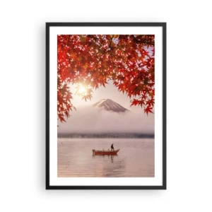 Plakat w czarnej ramie - Góra Fuji z łodzią na jeziorze i jesiennymi liśćmi - 50x70cm - W japońskim klimacie - Nowoczesna dekoracja ścienna do salonu i sypialni ARTTOR